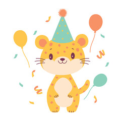 Happy Cute Leopard Animal Cartoon Character Wearing Cone Hat Celebrating Birthday Party