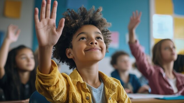 Students participating actively in a classroom discussion, raising their hands to contribute.