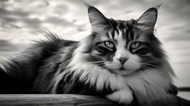 The image is a black and white photograph of a long-haired cat. The cat is lying down, resting its head on a surface that appears to be wood.