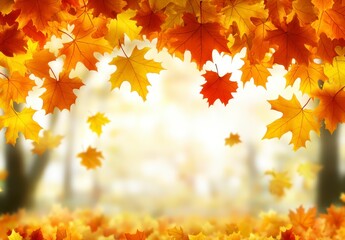 Falling autumn leaves in warm yellow and orange hues, creating a vibrant autumnal scene against a blurred forest background. Bright sunlight filters