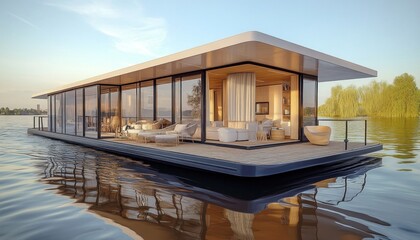 Obraz premium Modern floating house reflecting on calm lake at sunset, embracing tranquil water living
