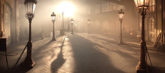 Sunbeams shining through fog in deserted train station at sunrise