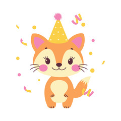 Happy Cute Fox Animal Cartoon Character Wearing Cone Hat Celebrating Birthday Party with Confetti