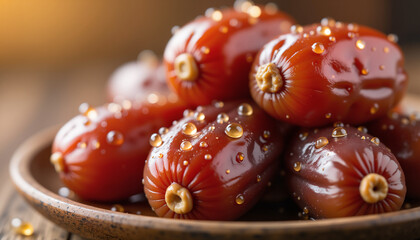Dates and juice on a white plate in natural sunlight
