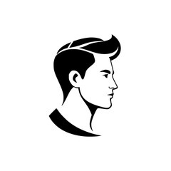 Profile view of a man's head and shoulders, showcasing a stylish haircut.  A clean, graphic illustration in black and white, ideal for barbershops, fashion, and profile imagery.