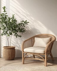Wicker chair and plant in a bright interior with light and shadow creating a peaceful atmosphere