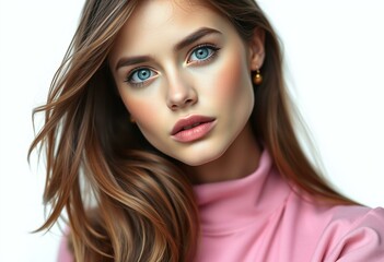 Naklejka premium Young woman with long brown hair and bright blue eyes