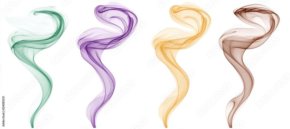 Poster Abstract image featuring four swirling, translucent smoke like forms in various pastel colors against a white background. The shapes are dynamic and