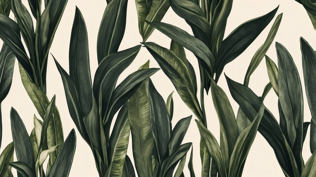 Elegant botanical print featuring lush, dark green snake plant leaves against a creamy backdrop. A sophisticated and stylish design.