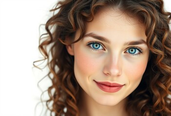 Fototapeta premium Female portrait with curly brown hair and bright blue eyes