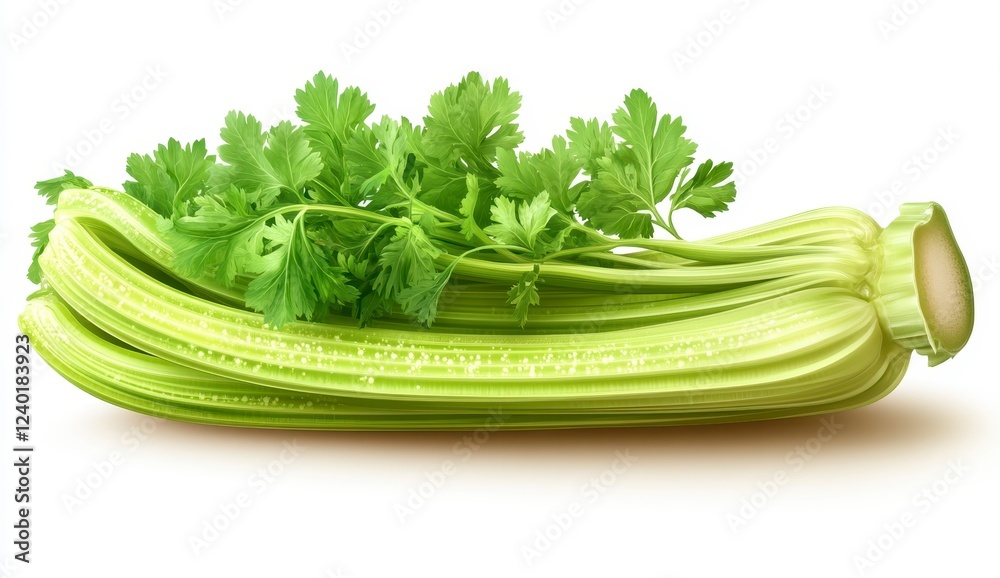 Sticker Fresh green celery stalk with vibrant parsley garnish, presented on a white background. High resolution studio shot with detailed texture