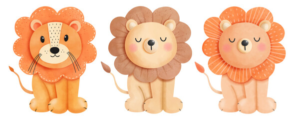Set of cute lion in watercolor style, Baby Room Wall Art, cartoon nursery animal, baby shower decoration, printing, baby's shirt.