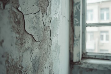 Cracked and peeling paint on a wall next to a window in an abandoned building.