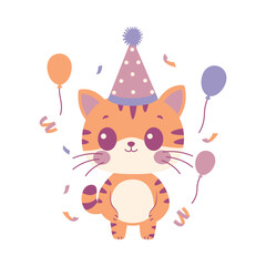 Happy Cute Tiger Animal Cartoon Character Wearing Cone Hat Celebrating Birthday Party with Confetti