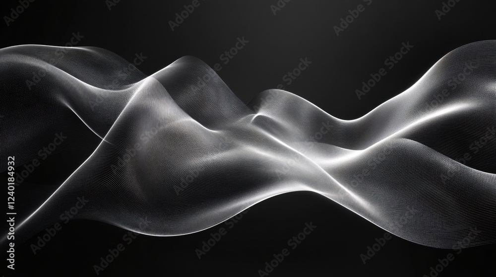 Poster Abstract white wave pattern flowing on black background creating a smooth and dynamic effect