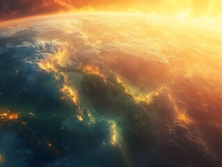 Fototapeta premium A beautiful sunrise casting golden light over the Earth's horizon as seen from space, with glowing city lights and atmospheric details creating a breathtaking view.