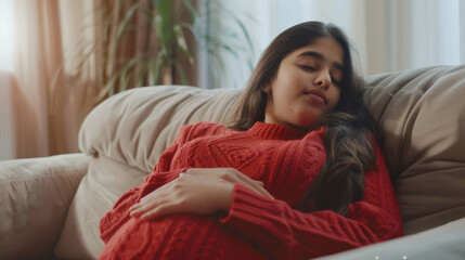 Indian teens girl feeling hungry while holding her belly on the couch in a Living room, she is closing her eyes, wearing red sweater