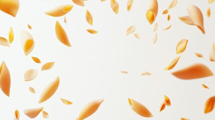Falling pasta shells on white background, food photography, light and airy aesthetic, golden color, close up view, studio shot, bright lighting