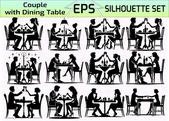 Set of Couple with dining table Silhouette Vector Illustration	