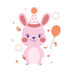 Happy Cute Pink Rabbit Animal Cartoon Character Wearing Cone Hat Celebrating Birthday Party