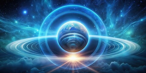 Obraz premium A Celestial Orb Enveloped in a Radiant Energy Field, Orbiting Within a System of Glowing Rings and a Starburst