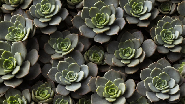 A dense collection of succulent plants, showcasing their intricate leaf patterns and muted green hues.