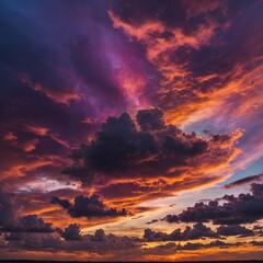 Fototapeta premium A stunning sunset bathes the sky in vibrant hues of purple, pink, and orange, with dramatic, swirling clouds. 