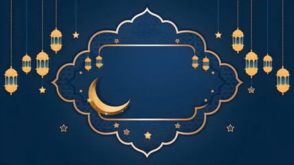 An elegant gold frame with a dark blue background, decorated with typical Ramadan ornaments such as sparkling Arab lanterns, stars and gold crescent. 
perfect for Ramadan greetings or breaking fast in