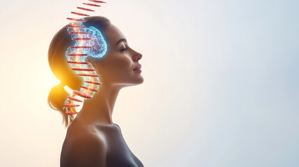 woman with digital brain and spiral elements in profile view