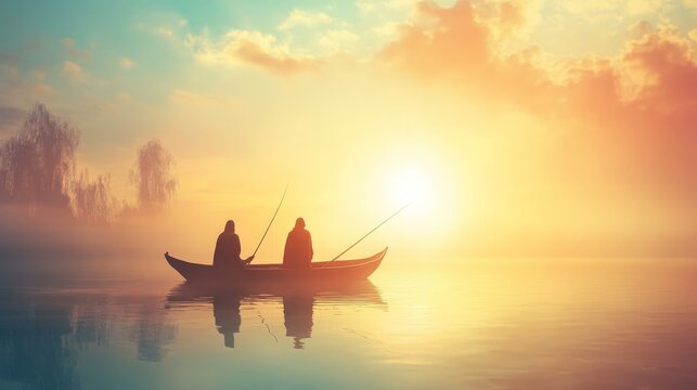 Jesus christ fishing with fishermen  a banner depicting christian faith and community spirit