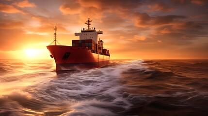 Obraz premium Cargo ship transporting containers and goods across the vast ocean at sunrise with a beautiful seascape and sky in the background This image represents the global trade and logistics industry