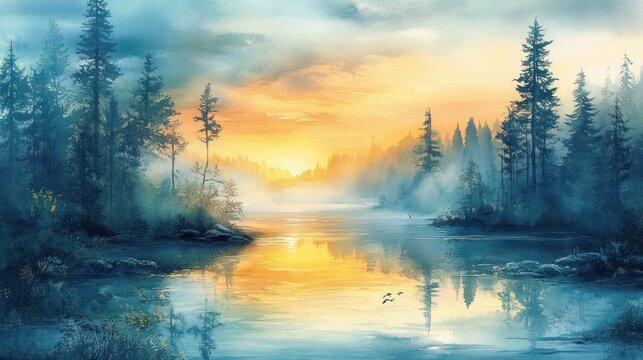 Serene sunrise over misty lake and forest.