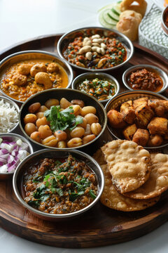 Thali with local goam cashew delicacies like Kaju biyo bhaji, cashew nut fritters, bolo sans rival as dessert.
