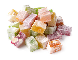Delicious mix of colorful gummy candies arranged in a casual pile on a white background