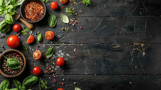 The background of cooking. On a black wooden background. Top view. Free space for your text