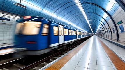 High speed modern metro train rapidly traversing an underground tunnel showcasing the efficient transportation infrastructure of a bustling urban environment