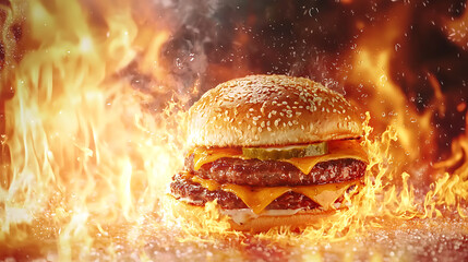 Fiery double cheeseburger, flames background, food photography, menu use (1)