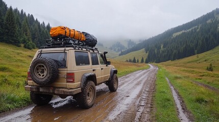 Petrol vehicle concept. Off-road vehicle on a muddy trail surrounded by lush green hills under a cloudy sky.