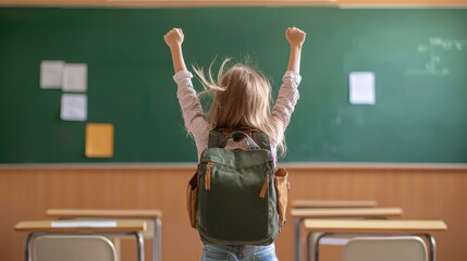 Carefree Girl Tossing Backpack in Joyful Celebration