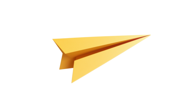 Yellow paper airplane flying symbol with 3D design on a white background