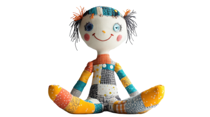 A soft plush doll designed for toddlers, with a friendly embroidered face, wearing colorful pajamas, and placed on a clean white background.