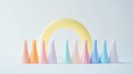 Abstract colorful arrows on a white background with various objects like a toothbrush, cotton, and plastic items in shades of red, green, blue, yellow, and pink, representing hygiene and dental care