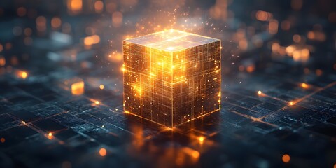Luminous Digital Cube: A futuristic depiction of data processing and technological advancement
