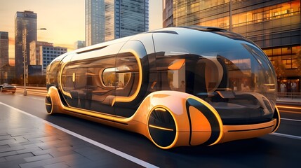 Obraz premium Autonomous and Futuristic Ride Sharing Vehicle Featuring a Cutting Edge Holographic User Interface for a Seamless and Innovative Commuting Experience