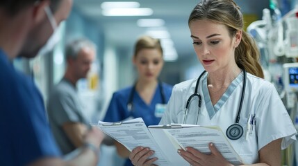 The chief nurse in a hospital setting, reviewing patient charts with other medical staff.