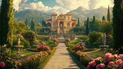 Naklejka premium A grand garden in French style with cobblestone paths, rose bushes, and fountains, set by a villa
