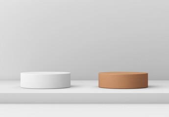 Two round textured platforms, one white and one light brown, sit side by side on a minimalist white shelf against a white background. Clean lines and