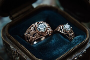 Naklejka premium Elegant diamond rings in antique box.