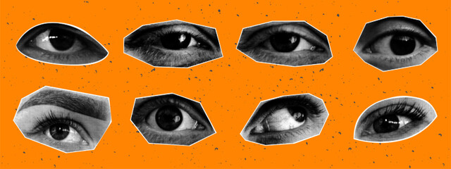 Set of eyes with paper cut halftone effect. Dotted pop art style. Modern vector illustration.