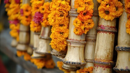 Ornate tribal instruments decorated with bright flowers